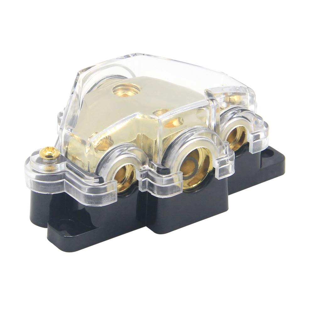 RKURCK 3 way Power Distribution Block, 0/2/4 AWG Gauge in, 4/8 Gauge Out, Car Audio Stereo Amp Distribution Connecting Block for Audio Splitter (1 in 3 Out) — image 1