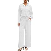 kaimimei Women's Linen 2 Piece Outfits Loungewear Set Button Down Shirt Wide Leg Pants with Pockets Comfortable Casual