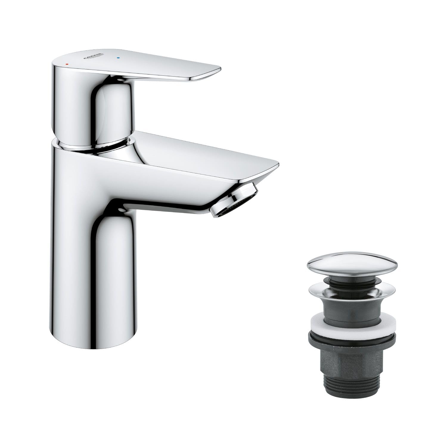 GROHE QUICKFIX Start Edge – Bathroom Basin Mixer Tap with Push Open Pop-Up Waste Set (Metal Lever, 28 mm Ceramic Cartridge, Energy and Water Saving, Tails 3/8 Inch), Size 147 mm, Chrome, 23900001