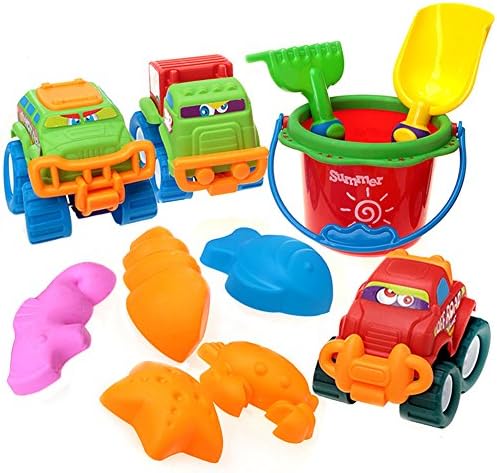 Beach Toys Set of 11 in Net Bag- Sand Toys with Bucket,Shovel, Rake, Toy Cars, Crab, Sea Stars, Sea Horse, Fish, Shell Molds and More for Boys, Girls &amp; Toddlers