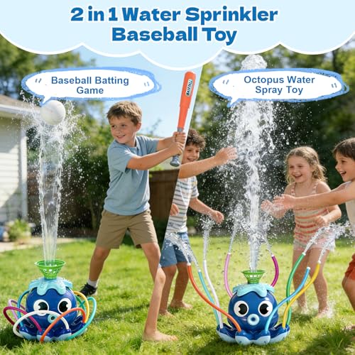 Fagalil Water Sprinkler Baseball Toy, Octopus Kids Water Sprinklers T Ball Set with Bat 4 Balls 2 in 1 Summer Outside Toys Backyard Lawn Games for Kids Outdoor Play Toys Ages 3-12 (Blue)