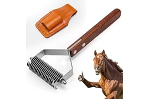 FERNLANDIA 2-Sided Horse Comb Mane Deshedding Tool Goats Cow Brush for Grooming,Horse Brush Set with Leather Show Comb Holder,40 Stainless Blades and Wood Handle,Livestock,Pet