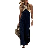 SOLY HUX Women's Summer Maxi Dress Criss Cross Halter Sleeveless Color Block Flowy Long Dresses