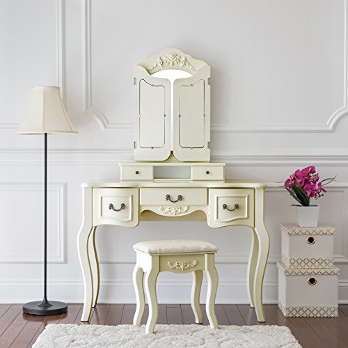 Fineboard FB-VT04-IVW Vanity Beauty Station Makeup Table and Wooden Stool 3 Mirrors and 5 Organization Drawers Set, Ivory White