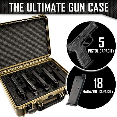 5 Pistol 18 Magazine Doro Waterproof Heavy Duty Gun Case with Custom MyCaseBuilder Foam Insert - Sahara Case with Black Foam