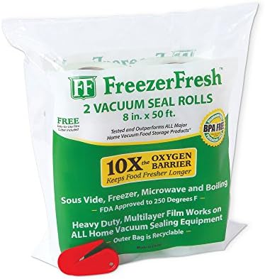 2 Pack – Freezer Fresh 8" x 50' Commercial Grade Vacuum Sealer Rolls. Food Storage Rolls Compatible with FoodSaver, Sous Vide and more.