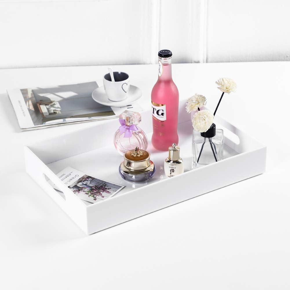 Sooyee White Acrylic Tray - 16" x 12" Acrylic Tray for Coffee Table, Breakfast, Tea, Food, Butler - Decorative Display, Countertop, Kitchen, Vanity Serve Tray with Handles: Kitchen & Dining