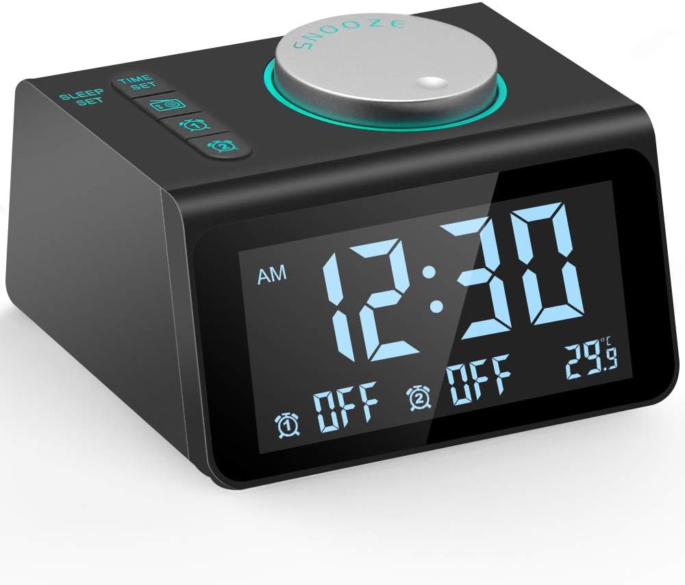 Ksera Alarm Clock with FM Radio, Multi-Function Digital Radio Alarm Clock, Dual Alarm with 7 Alarm Sounds, Temperature Display, 5 Level Adjustable Brightness, Dual USB Charging Port, Sleep Timer