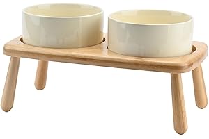 SPUNKYJUNKY Raised Dog Bowls Ceramic Dog Bowls Elevated with Non-Slip Wooden Stand Dog Food Water Bowls for Puppy Small Medium Dogs(Double 28OZ Bowls,Cream White)