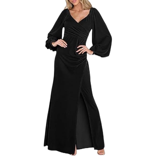 knee length dresses for ladies Solid Color Velvet Long Sleeve V-Neck Slim Fit Fishtail Maxi Dress, Wine Red / S