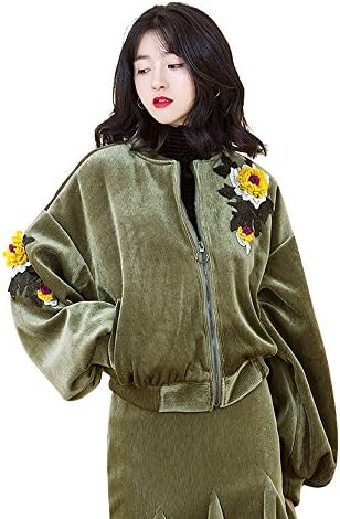 Women Embroidery Corduroy Jacket Short Lantern Sleeves Baseball Clothing (One Size, Green)