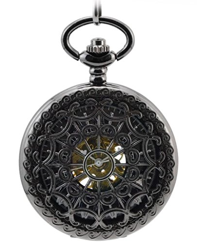 Infinite U Heart Shape Black Spider Web Hollow Skeleton Steel Mechanical Movement Pocket Watch
