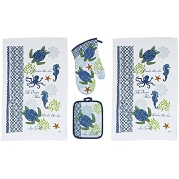 Kay Dee 4 Piece Sea Turtle Kitchen Set - 2 Terry Towels, Oven Mitt, Potholder,Blue