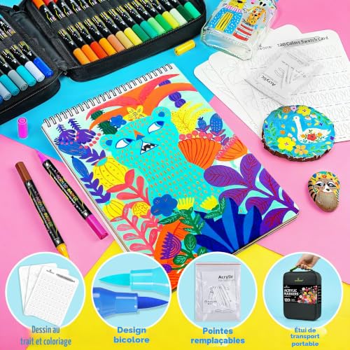 WINSONS Acrylic Marker Pen 120 Colours, Non-Toxic, Vivid for Art | Two brushes, fluid ink, no smudge, easy to store, refills available
