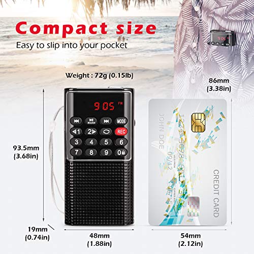 PRUNUS J-328 Portable FM Radio with Recorder, Rechargeable Small Portable Radio, Mini Digital Pocket Radio with SD/TF/AUX Music Player, Small Radio for Running, Travel(Black)