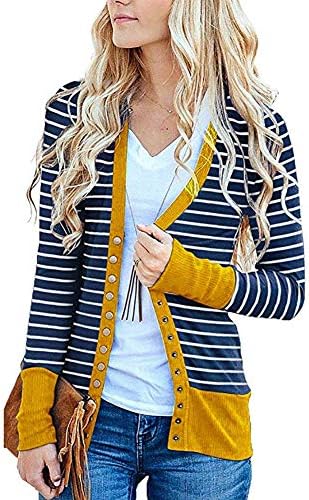 MCCKLE Women's V Neck Striped Color Block Snap Button Front Knitwears Long Sleeve Casual Cardigans Sweater
