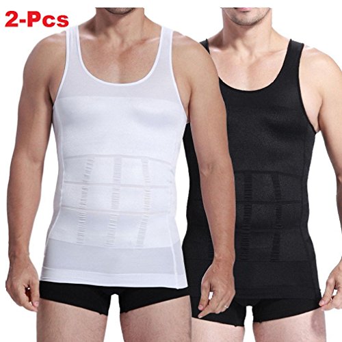 2 Pc iBuylinks Men Slim Body Shaper Compression Undershirt Tank Vest Shapewear Large White & Black