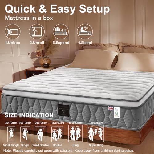NineLan Orthopaedic Small Single Mattress 2FT6 for Back Pain Relief, 10.6 Inch Hybrid 7-Zone Pocket Sprung Mattress with Cooling Gel Memory Foam & Breathable Knitted Cover, Medium Firm, 75x190x27cm