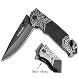 SMTENG 8in Stainless Steel folding Knife With pattern Antiskid G10 handle,Outdoor Tactical Survival EMT EDC Knife,Easy closing Liner Lock Everyday Carry Pocket Knife With Clip,5 inch close black
