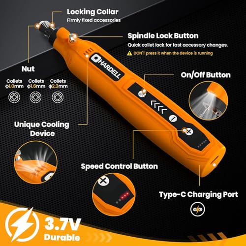 HARDELL Mini Cordless Rotary Tool, 5-Speed and USB Charging Rotary Tool Kit, Multi-Purpose 3.7V Power Rotary Tool with 61 Accessories for Sanding, Polishing, Drilling, Etching, Engraving, DIY Crafts