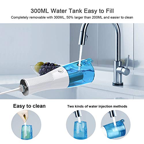 Water Flosser Oral Irrigator, YUNDOO Cordless Rechargeable Anti Leakage Non-slip 300 Ml Water Pick Teeth Cleaner with Power Light for Braces, Implants, Bridges, Dental Care at Home and Travel