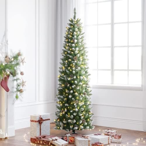 OasisCraft 6 FT Flocked Pencil Christmas Tree, Prelit Artificial