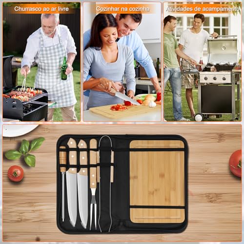 Jogo para Churrasco Inox 6 peças, Kit de Churrasco com Tábua de Bambu, Kit Tábua para Churrasco, Kit Churrasco com Tabua, Kit Churrasco Conjunto, Facas para Churrasco, Jogo de Facas