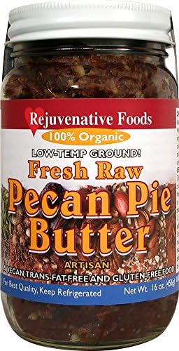 Fresh Raw Organic Pecan Pie Butter Pure Rejuvenative Foods Low-Temp-Ground Candy-In-Glass Pecans-Dates-Almonds-Cinnamon-Cardamom-Nutmeg Vegan Treegan In-Glass Nutrition USDA-Certified-Organic-16 oz