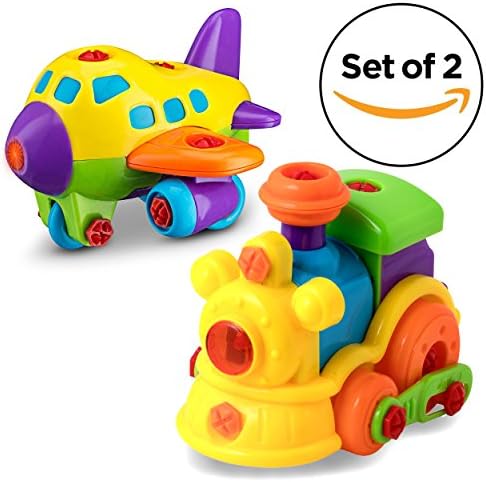 DIY Take-A-Part Train &amp; Airplane Set, Kids Toys Multi Pack, Sounds &amp; Lights - Includes Mini Philips and Flathead Screws by Toydaloo