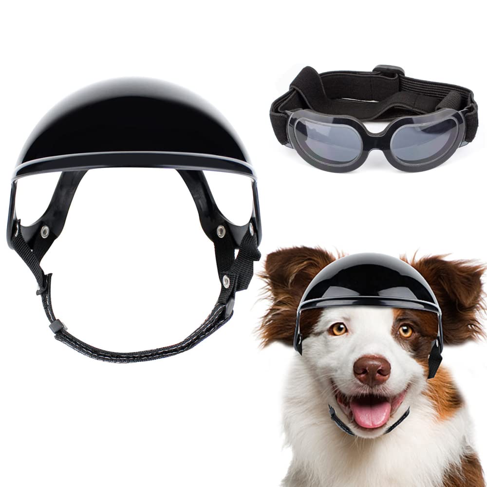 OmeHoin 2 Pcs Pet Dog Helmet Goggles Set,Uv Protection Sunglasses Motorcycle Safety Hat With Adjustable Belt for Eye Head Protection for Dogs and Cats