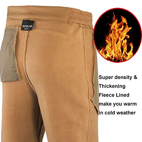 Men's Warm Fleece Lined Pants Softshell Outdoor Hiking Ski Water Resistant Windproof Trousers Brown