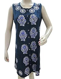 Mogul Women's Elegant Tunic Dress Blue Embroidered Button Front Cotton Shift Dress