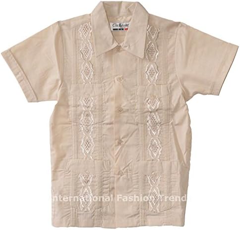 Chic Elegant Boys Toddler Guayabera Shirt Short Sleeve Button-Up Cuban Casual Dress Beige Size 12