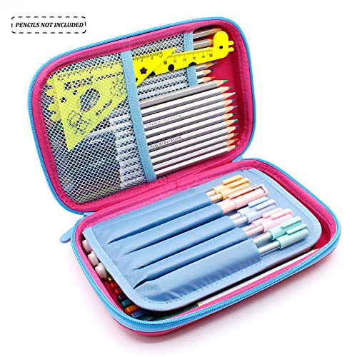 Cute Unicorn Love Embossed Hardtop Pencil Case - Girls School Supply Stationery Organizer - Large Capacity Kids Pen Box Pouch Bag with Compartment (Hot Pink)