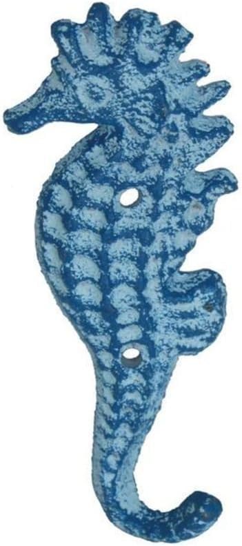 Handcrafted Nautical Decor Rustic Light Blue Whitewashed Decorative Cast Iron Wall Hook Seahorse Hook, 5" - Rustic Wall Art
