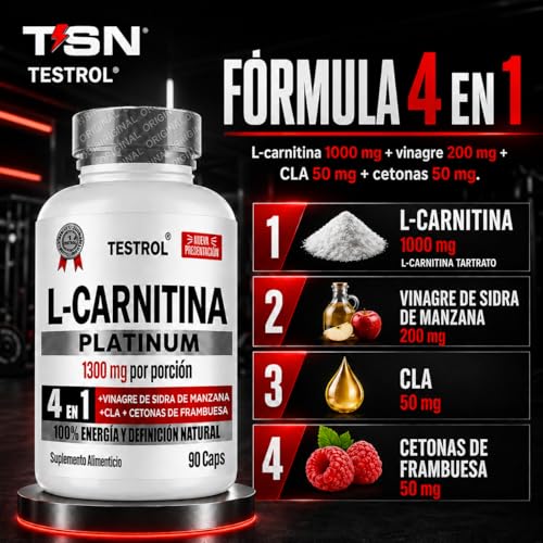 L Carnitina, Platinum 1300mg por porción | 4 en 1 | Carnitina Tartrato, Vinagre de Manzana Organico, Cla y Cetonas de Frambuesa | Pre Workout | Para Hombres y Mujeres, Testrol L-Carnitina 90 Cápsulas