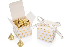 AWELL White Gift Candy Box Bulk with Gold Dots 2x2x2 inches with Ribbon Party Favor Box, Gold Dots, Pack of 50