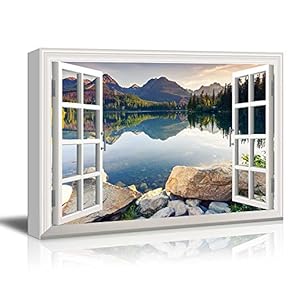 Creative Window View Canvas Prints Wall Art - Peaceful Lake in Autumn - 24" x 36"
