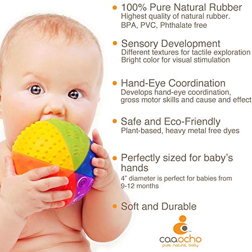 caaocho Pure Natural Rubber Sensory Ball for Babies Rainbow 4" - Sensory Toy, Promotes Sensory Development, Rainbow Colors, Perfect Bouncer, Gentle Squeaking, BPA Free, PVC Free, Food-Grade Paint