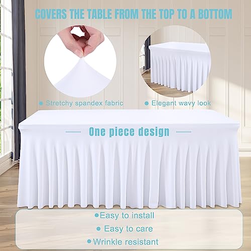 6 Packs White Table Clothes for 6 Foot Rectangle Tables, One-Piece Wrinkle Resistant Stretch Spandex Table Covers with Skirt for Event Banquet Wedding Birthday Party