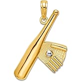JewelryWeb 14k Gold 20mm Baseball Bat With White Ball In Glove Charm Pendant Necklace for Women