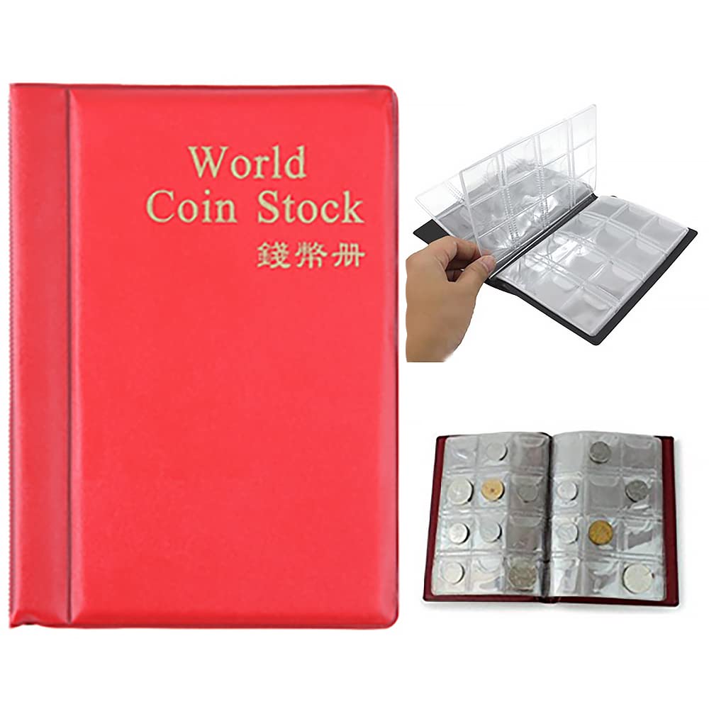 BE-TOOL Coin Collectors Collecting,Penny Money Pockets 120 Coin Storage Coin Collect Album Book Holder(Red)