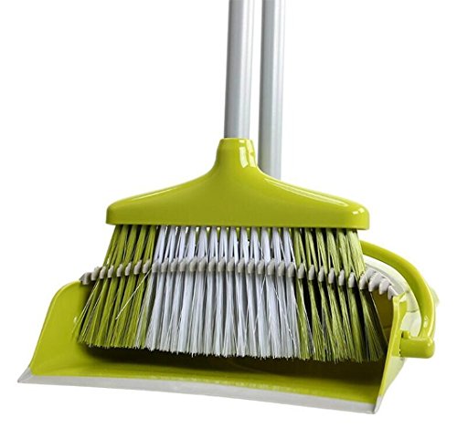 Seasonrush High Strength Plastic Flexible & Durable Sweeper Long Handle Standing Upright Dustpan And Broom Set for Home Office Commercial Hardwood Floor Use (Green)