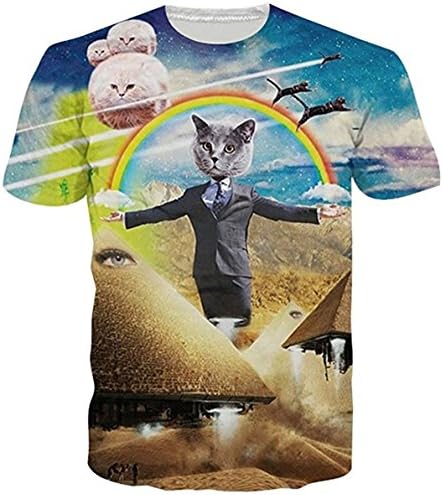 Unisex Cat Rainbow Pyramid Print Short Sleeve T-Shirts Tees