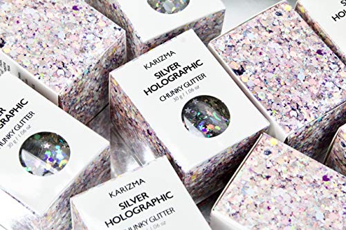 Silver Holographic Chunky Glitter ✮ Large 30g Jar KARIZMA BEAUTY ✮ Festival Glitter Cosmetic Face Body Hair Nails - Thumbnail 6