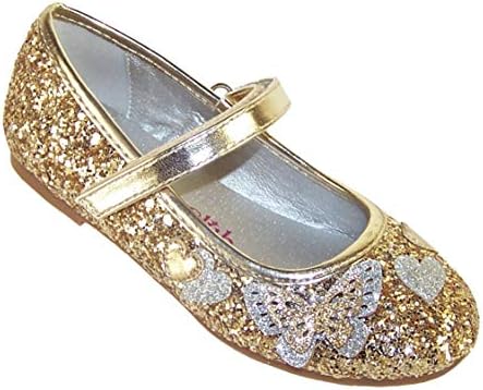 Girls Children Sparkly Gold Glitter Ballerina Party Special Occasion Shoes with Butterfly Trims