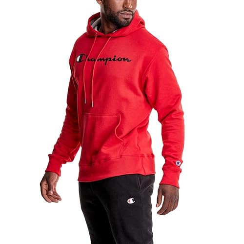 Champion Men's Pullover Fleece Hoodie, Standard Fit, Midweight, Available in Regular and Big, Team Red Scarlet-Classic Script Logo, Large Tall