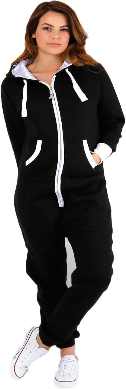Womens Plain Zipper Onesie Ladies Onepiece All in One Hooded Zip Up Overall Plus Sizes Jumpsuit Playsuit Small-5XL (UK 8 - UK 22)