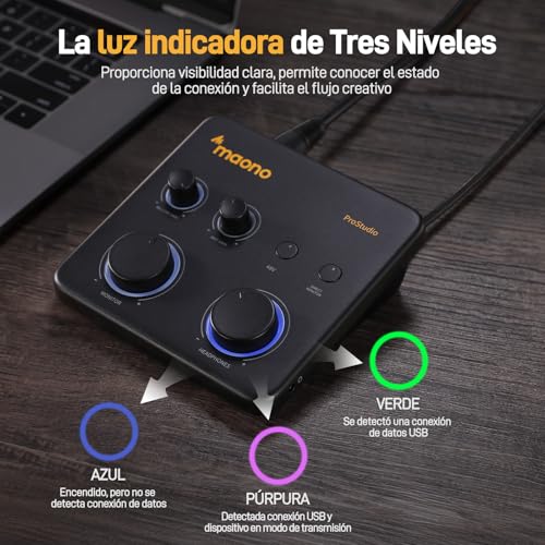 MAONO Interfaz de Audio USB para PC: Interfaz con Entrada XLR de 24 bits/192 kHz Software de Enrutamiento LOOPBACK ASIO Driver para Grabación de Música, Guitarra, Podcast, Streaming, DAW (PS22 Lite)