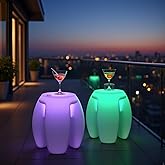 Mr.Go 16" LED Glowing End Table & Convertible Tripod Stools Set of 2, Rechargeable Cordless Lighted Side Table, Dimmable Colo